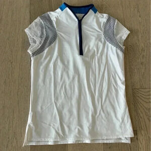 Lucky in Love White Short Sleeve Mesh Sleeve Polo with Blue Trim